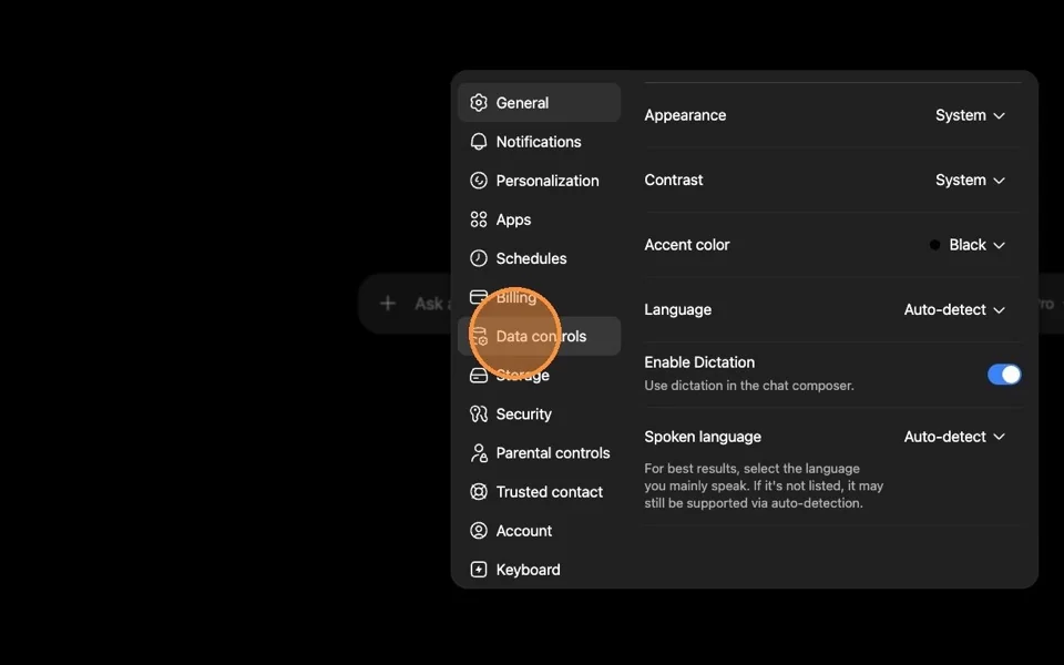 ChatGPT Settings panel with Data controls visible
