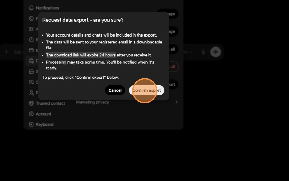 ChatGPT confirmation modal for exporting data