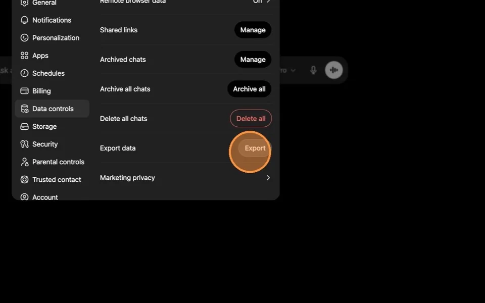 ChatGPT Export button after identity verification