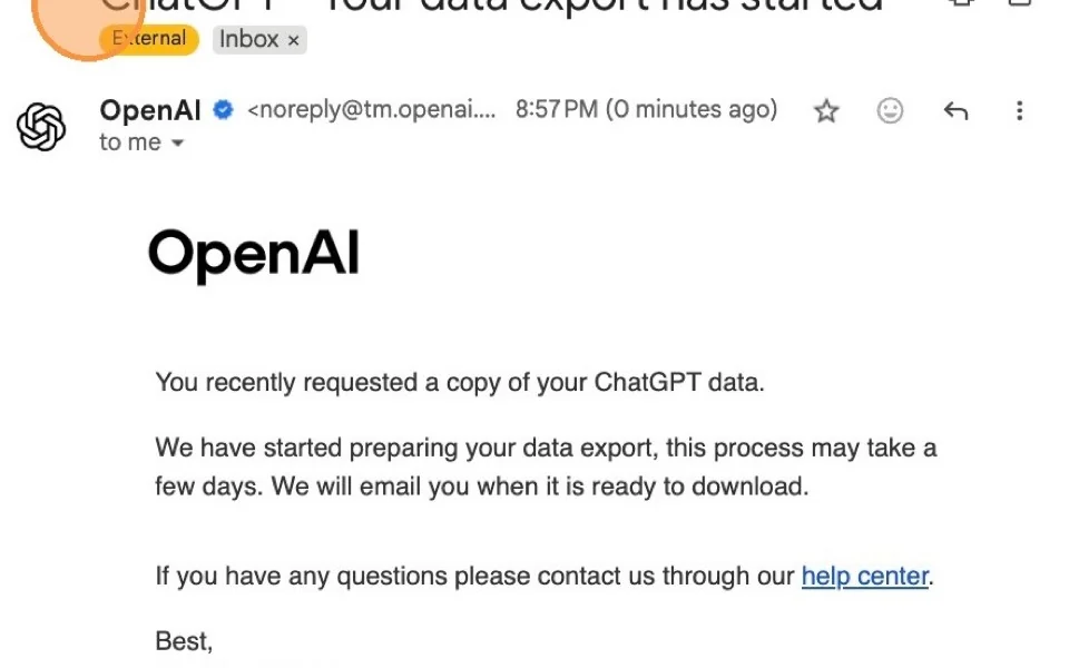 Email inbox showing a ChatGPT data export message