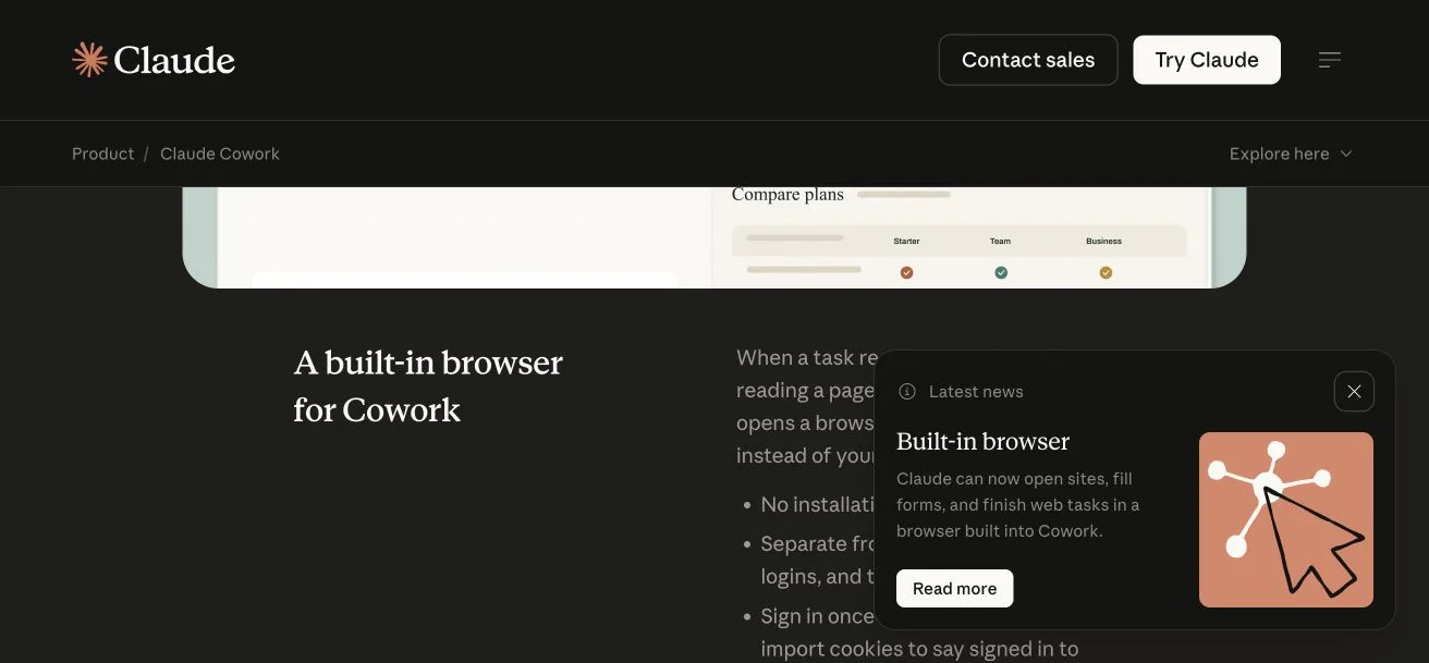 Anthropic Claude Cowork product page section titled A built-in browser for Cowork
