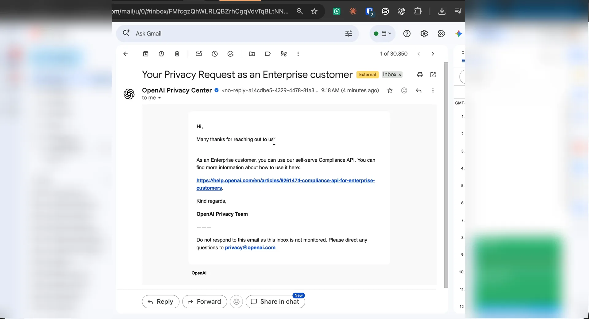 Email from OpenAI Privacy Center titled Your Privacy Request as an Enterprise customer