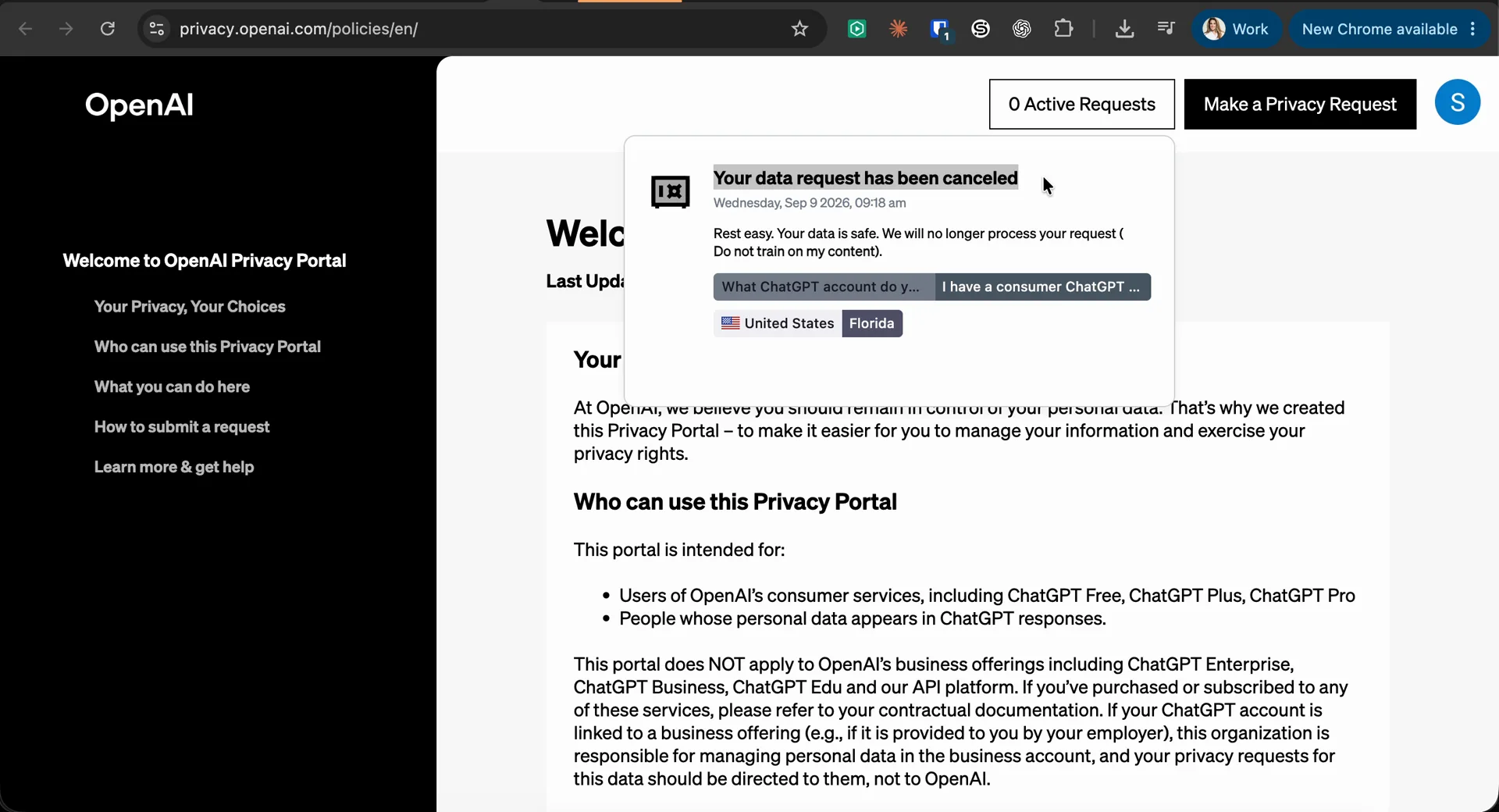 OpenAI Privacy Portal notice reading Your data request has been canceled with zero active requests