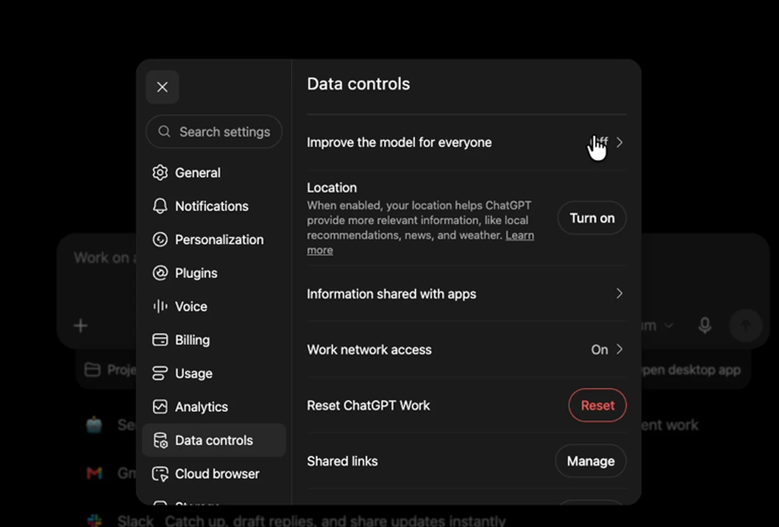 ChatGPT Settings open on the Data Controls tab, showing the Improve the model for everyone setting