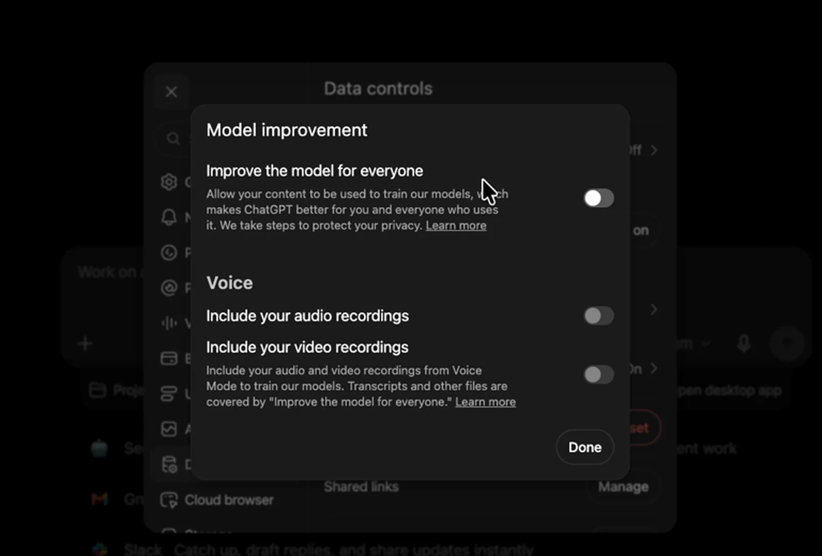 The Model improvement screen in ChatGPT with the training toggles switched off