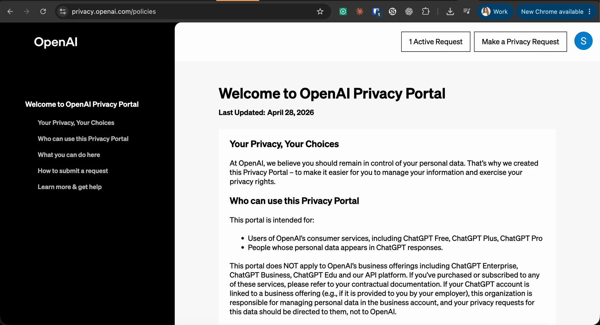 OpenAI Privacy Portal showing 1 Active Request after submitting