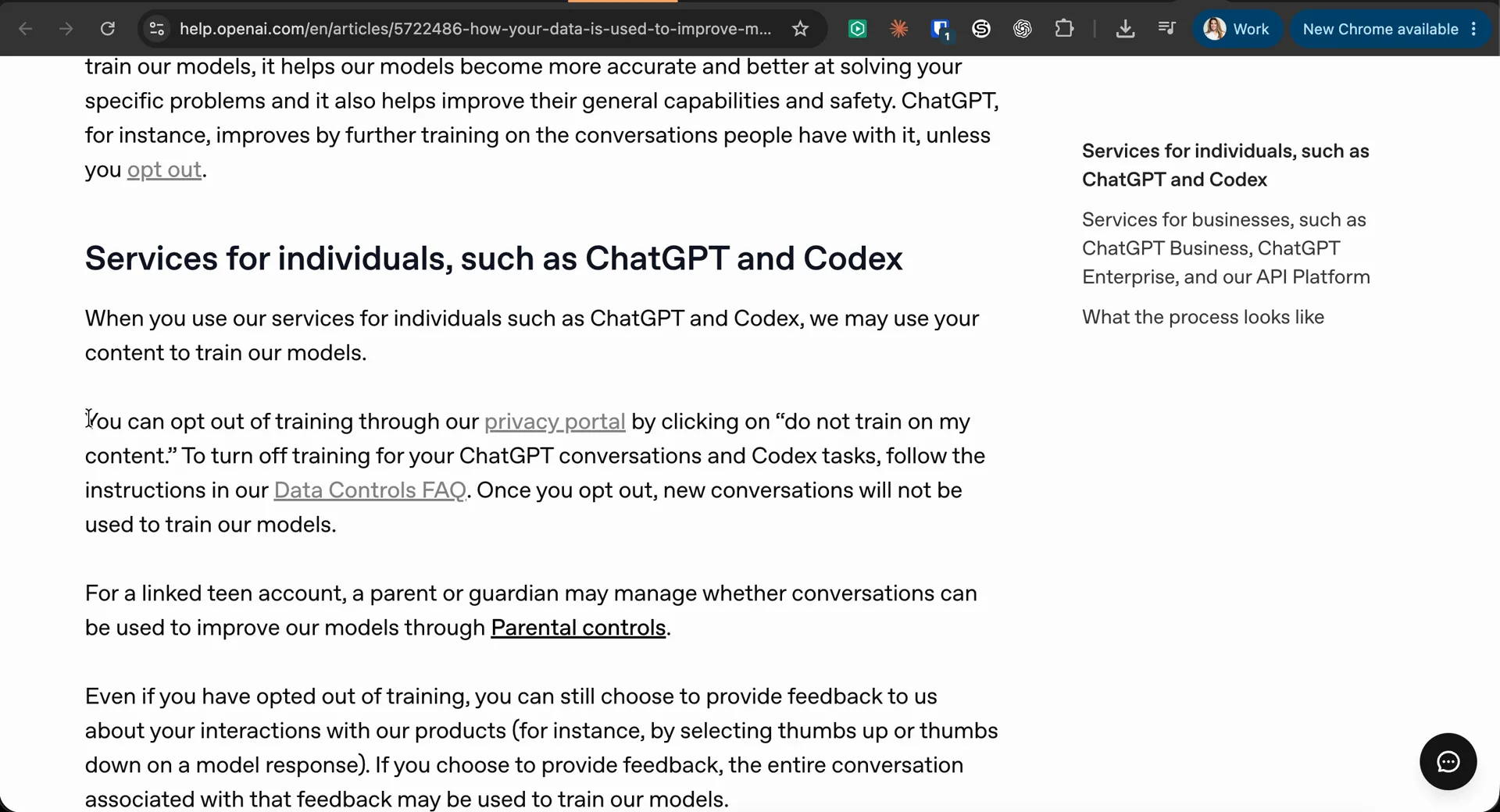 OpenAI help article with the paragraph explaining you can opt out of training through the privacy portal