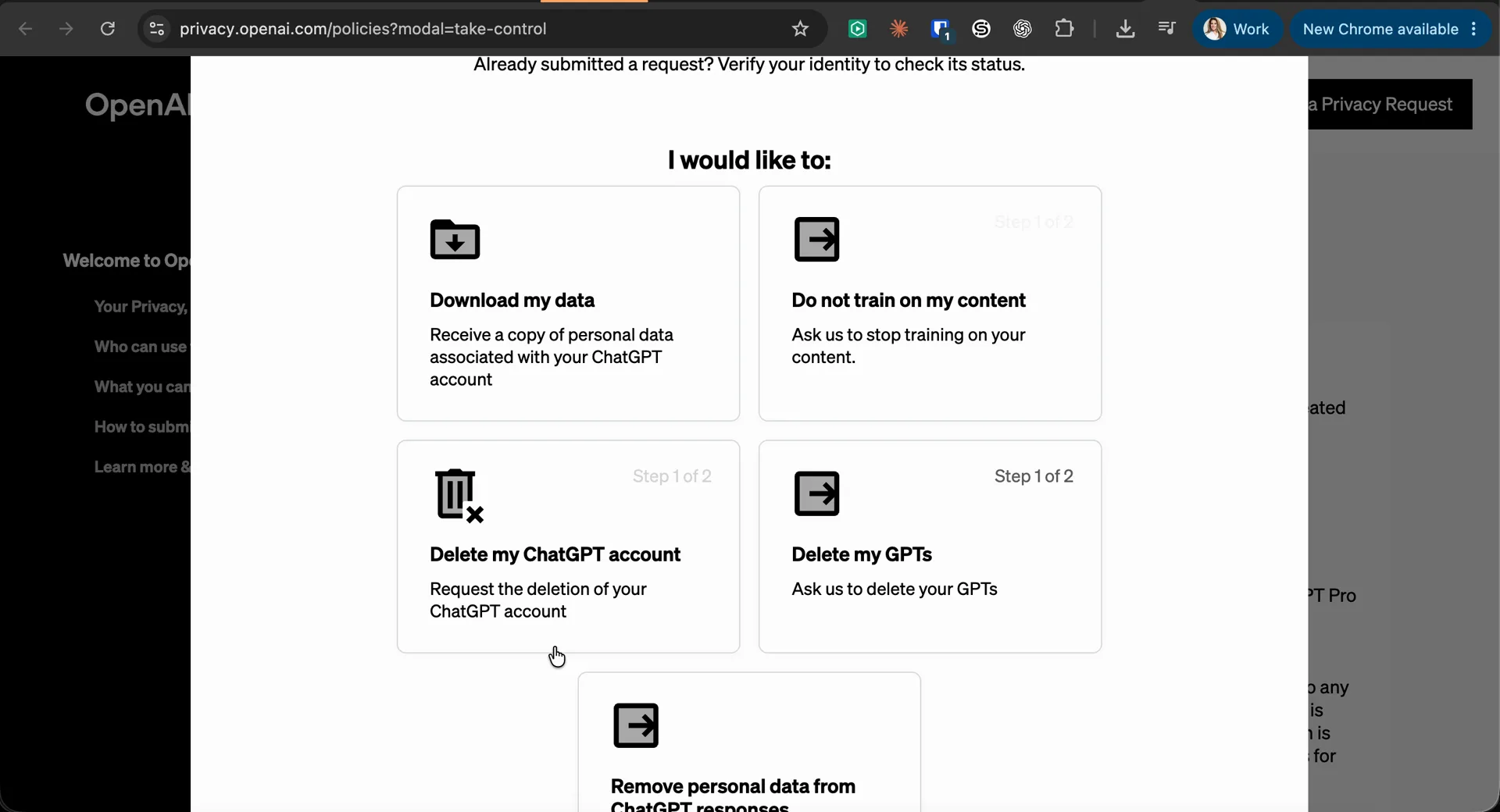 OpenAI Privacy Portal showing the Your Privacy Controls options including Do not train on my content