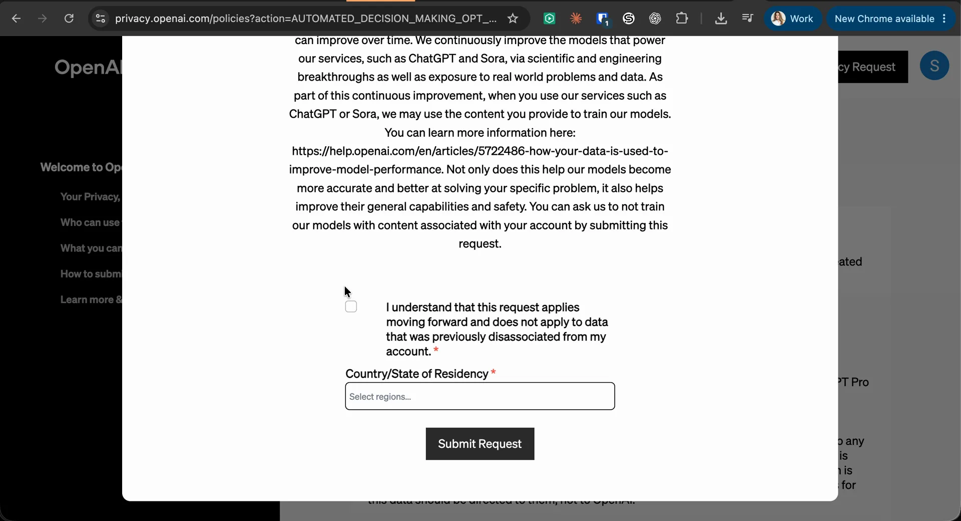 The Do not train on my content request form with the I understand checkbox and country field