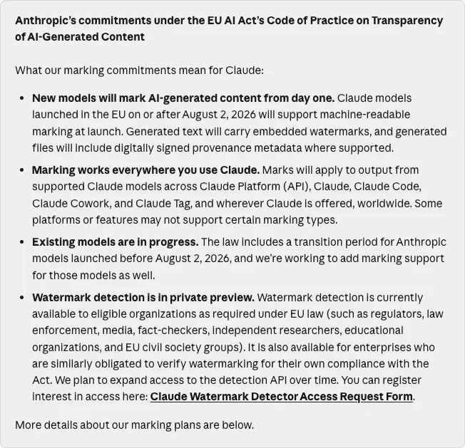 Anthropic's official AI-generated content marking commitments