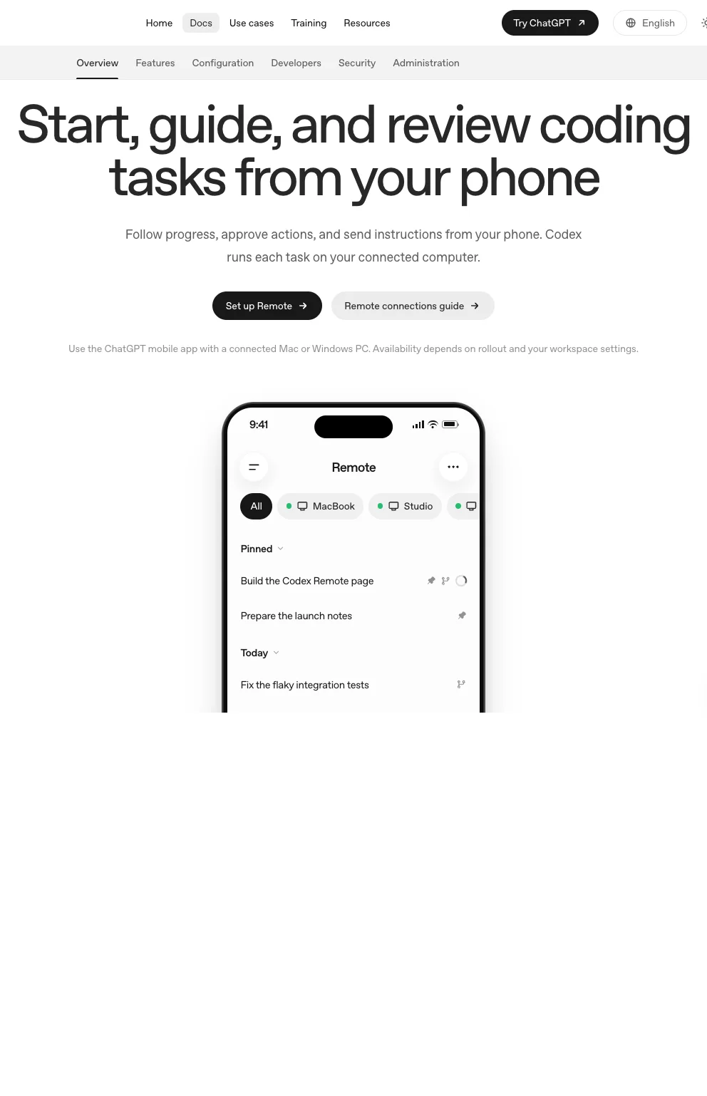 OpenAI's official Codex Remote page showing the mobile task interface