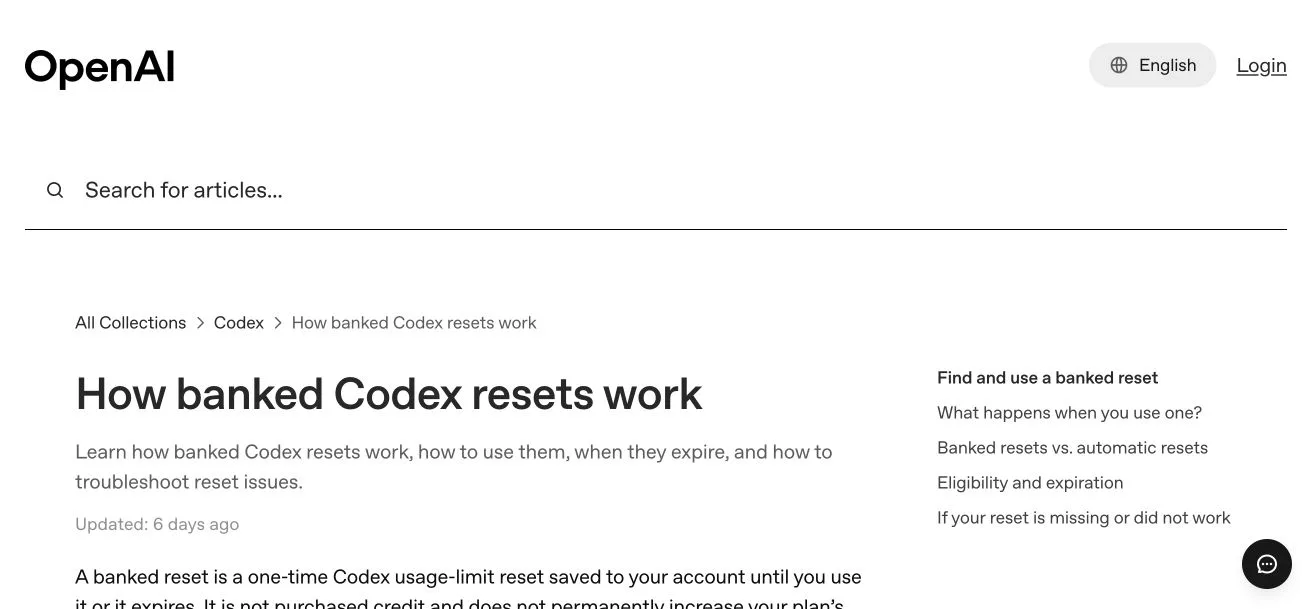OpenAI Help Center page explaining that banked Codex resets are one-time usage resets