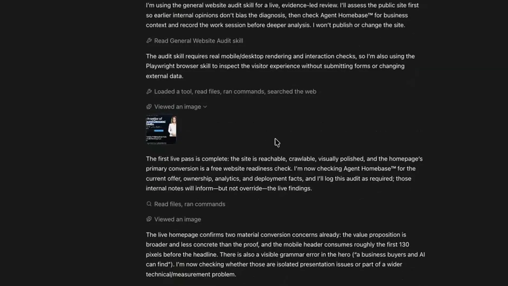Codex website-audit work trail shown in Shanee Moret's comparison video