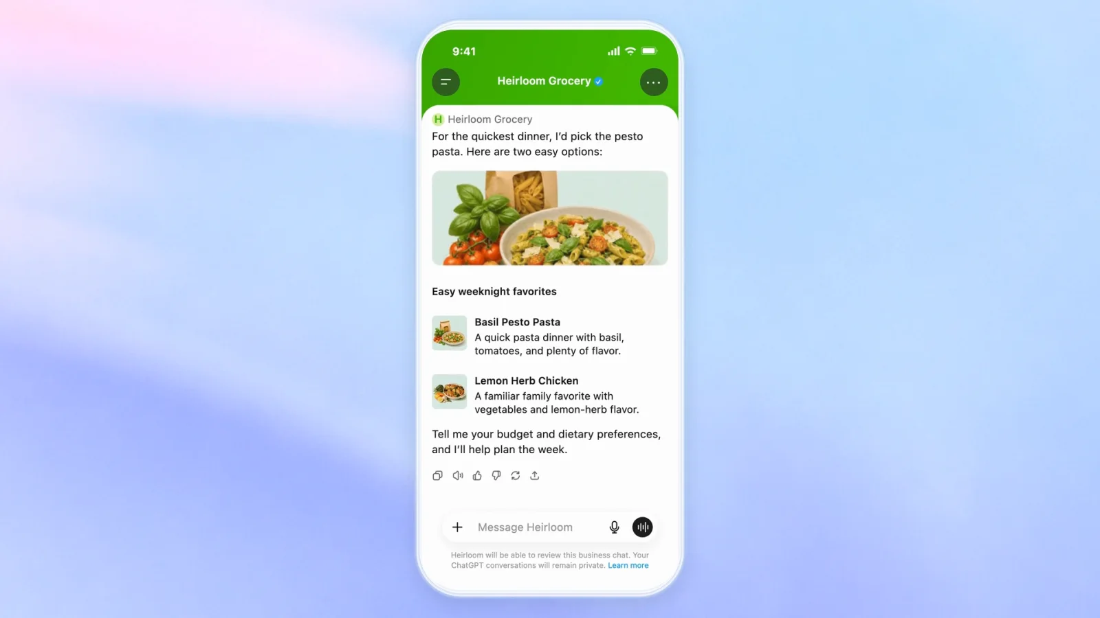 OpenAI's official Sponsored Agents demo showing a Heirloom Grocery agent recommending two dinner options