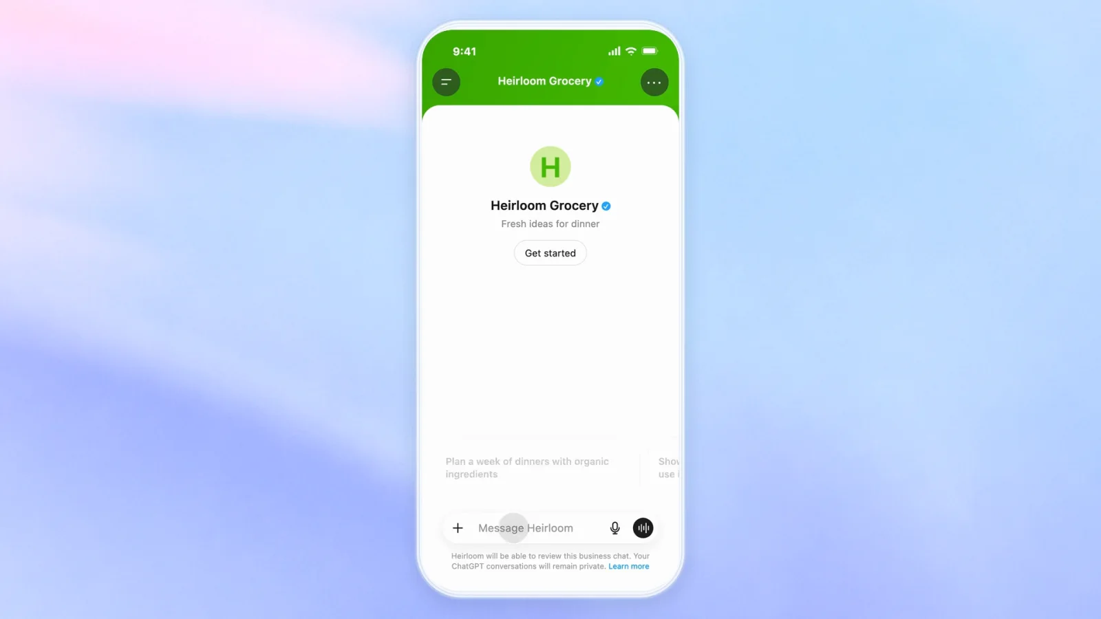 OpenAI's official Sponsored Agents demo showing a Heirloom Grocery agent with a Get started button