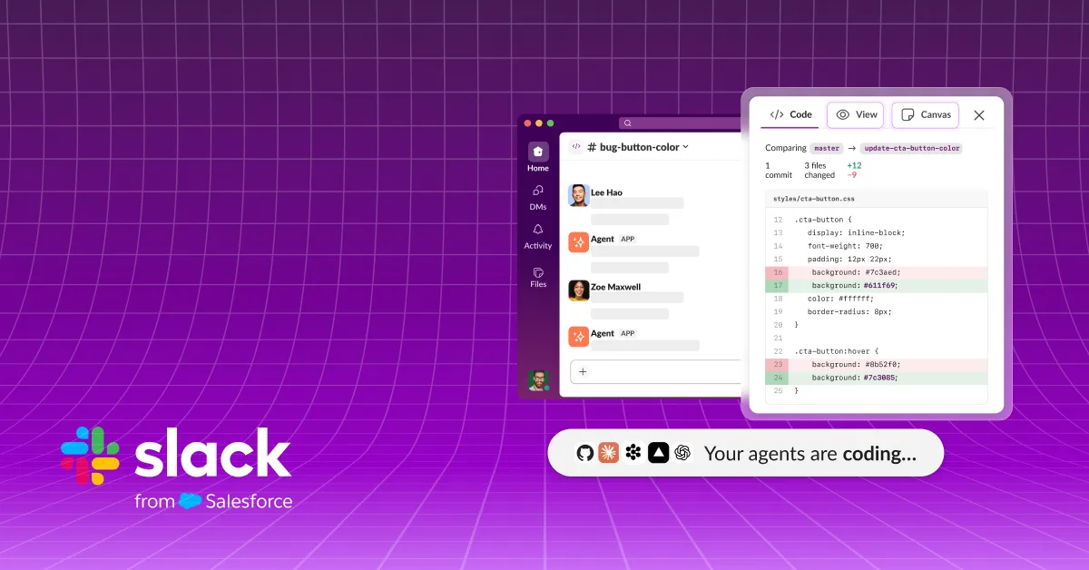Slack Code channel showing agent messages, a code diff, review, and approval