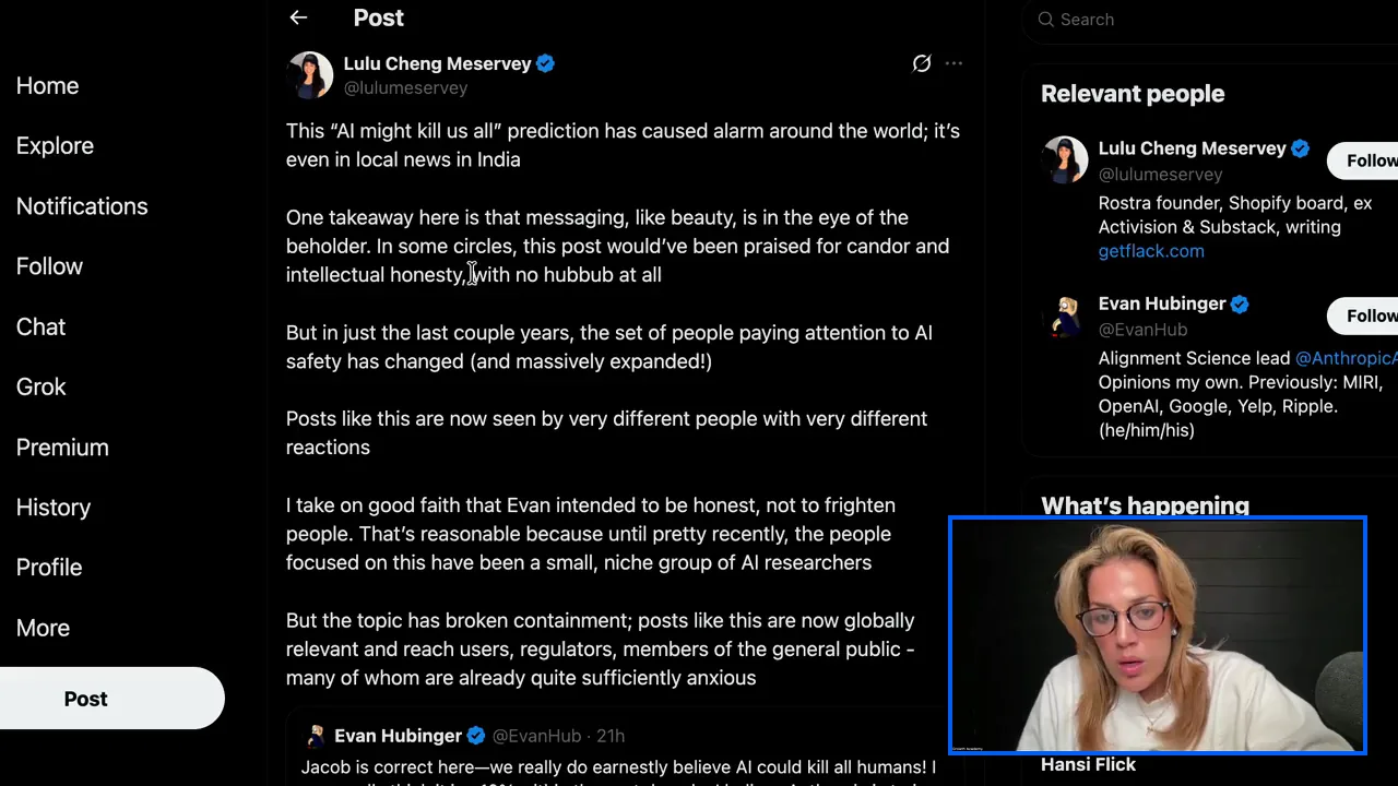 Lulu Cheng Meservey's post on X open on screen, showing the lines about AI safety reaching regulators and the general public.