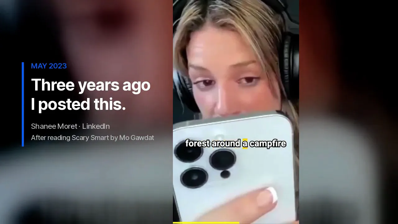 My 2023 LinkedIn video post playing on screen, with the caption about two scenarios 15 years from today.