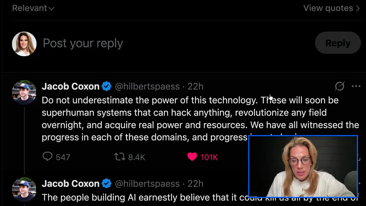 The resignation post open on screen on X, showing the lines about superhuman systems that can hack anything and the claim that progress is not slowing.