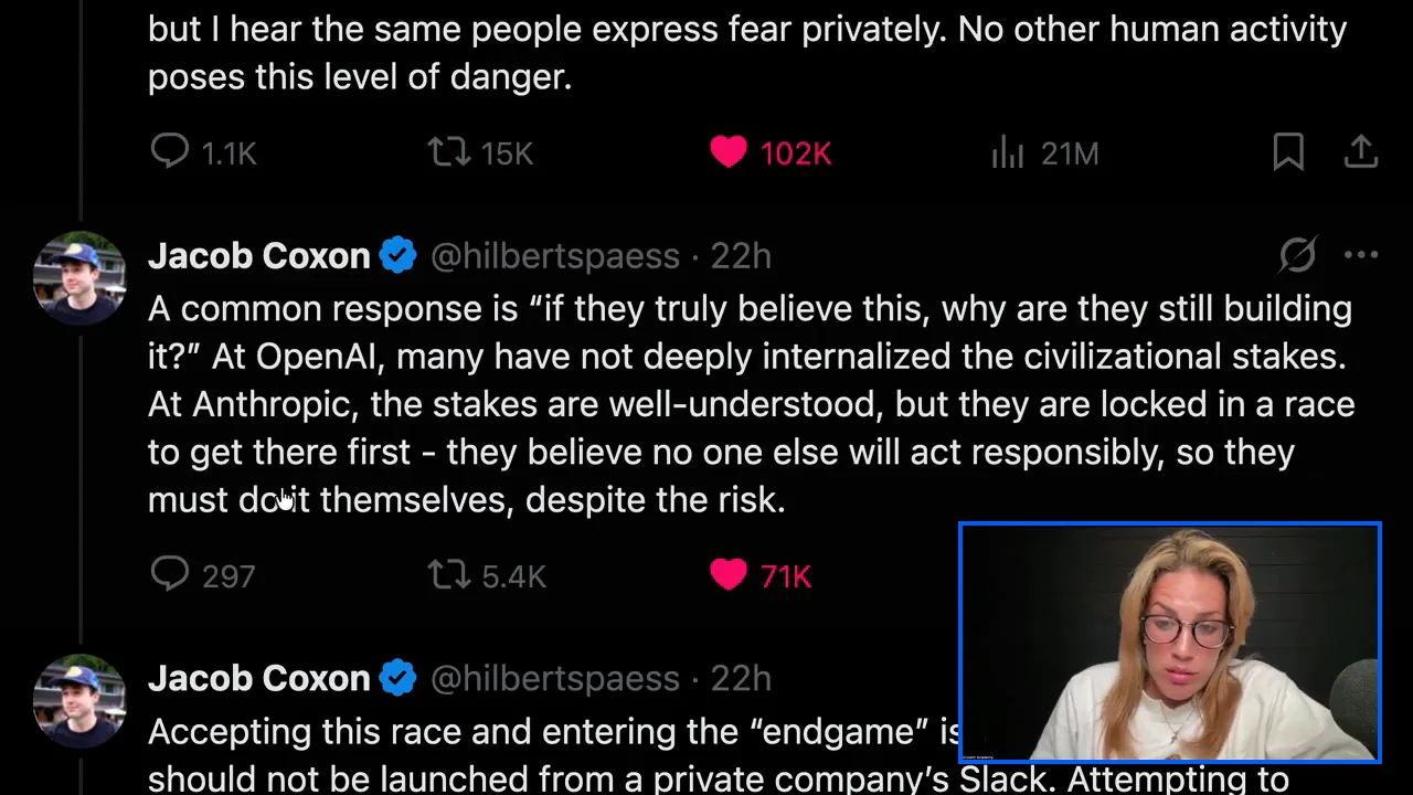 The resignation post open on screen, showing the paragraph that begins "A common response is, if they truly believe this, why are they still building it?"
