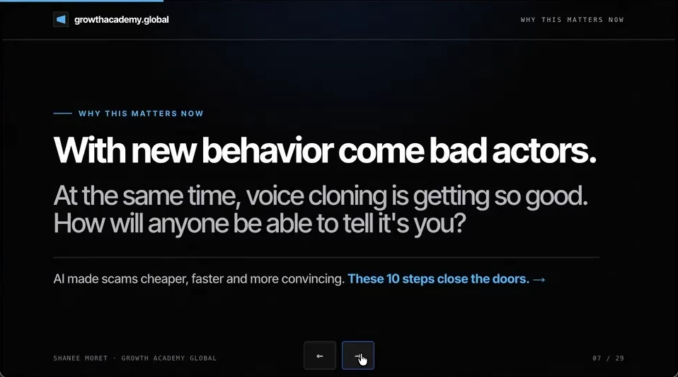 Slide reading: With new behavior come bad actors. At the same time, voice cloning is getting so good. How will anyone be able to tell it's you?