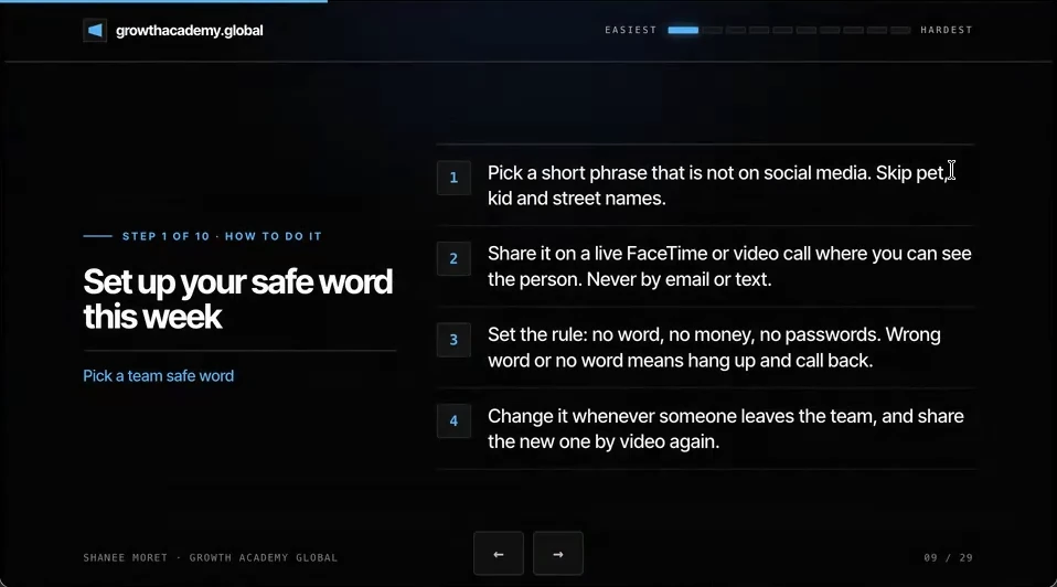 How-to slide for step 1 listing four steps: pick a short phrase not on social media, share it on a live video call, set the rule no word no money no passwords, change it when someone leaves.