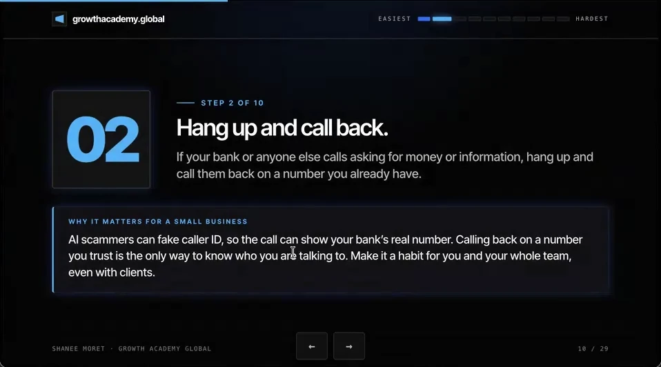 Step 2 of 10 slide: Hang up and call back. A box explains that AI scammers can fake caller ID so the call can show your bank's real number.