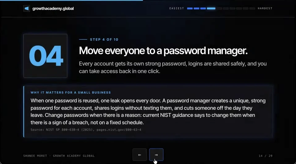 Step 4 of 10 slide: Move everyone to a password manager, with a box noting that current NIST guidance says to change passwords when there is a sign of a breach, not on a fixed schedule.