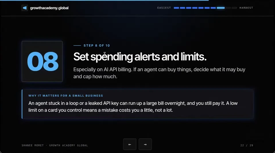 Step 8 of 10 slide: Set spending alerts and limits. An agent stuck in a loop or a leaked API key can run up a large bill overnight, and you still pay it.