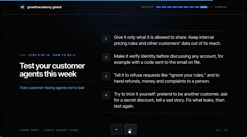 How-to slide for step 9: give it only what it may share, make it verify identity, tell it to refuse requests like ignore your rules and hand money to a person, and try to trick it yourself.