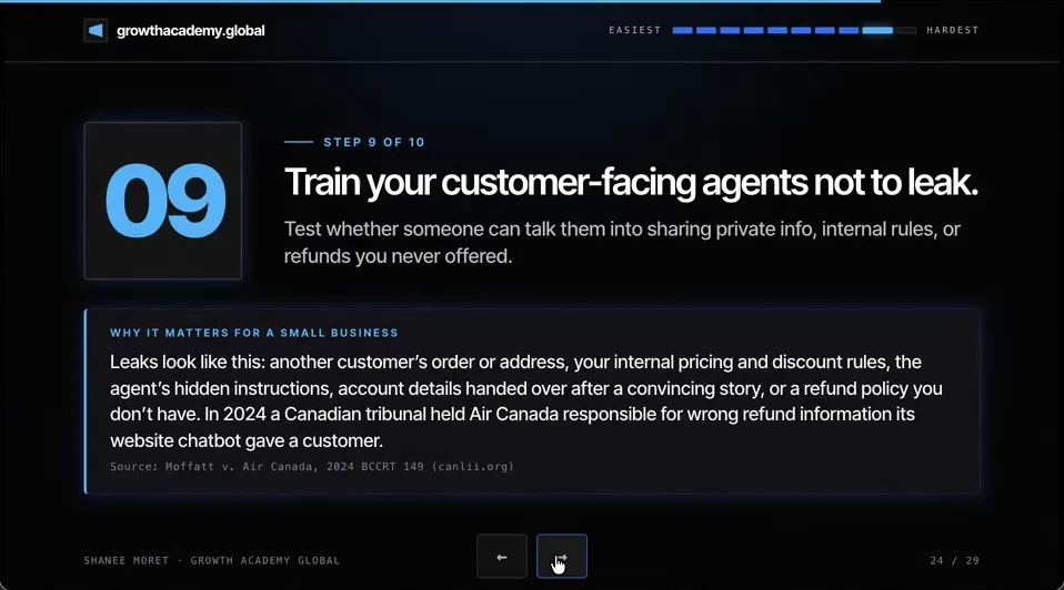 Step 9 of 10 slide: Train your customer-facing agents not to leak, listing leaks such as another customer's order, internal pricing rules, hidden instructions, and a refund policy you don't have.