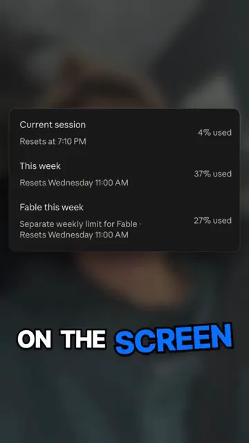 The Claude Code usage panel on screen after the slash command runs, listing the current session, the week, and Fable.