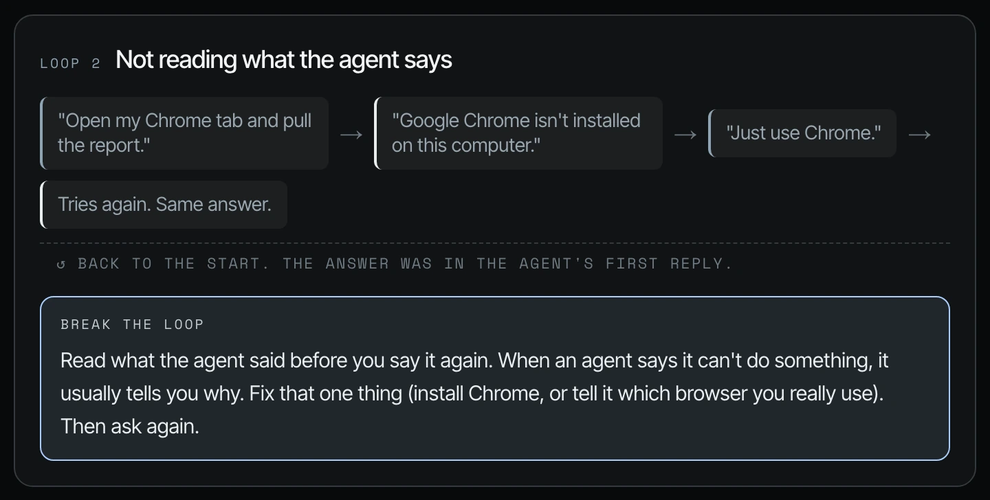 Loop 2, not reading what the agent says: "Open my Chrome tab and pull the report" and "Google Chrome isn't installed on this computer"