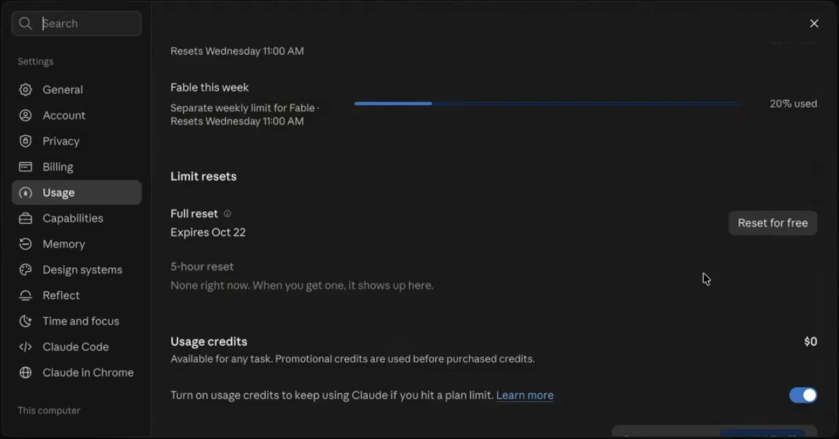 Claude Code limit resets with one full reset and a Reset for free button, plus the usage credits toggle