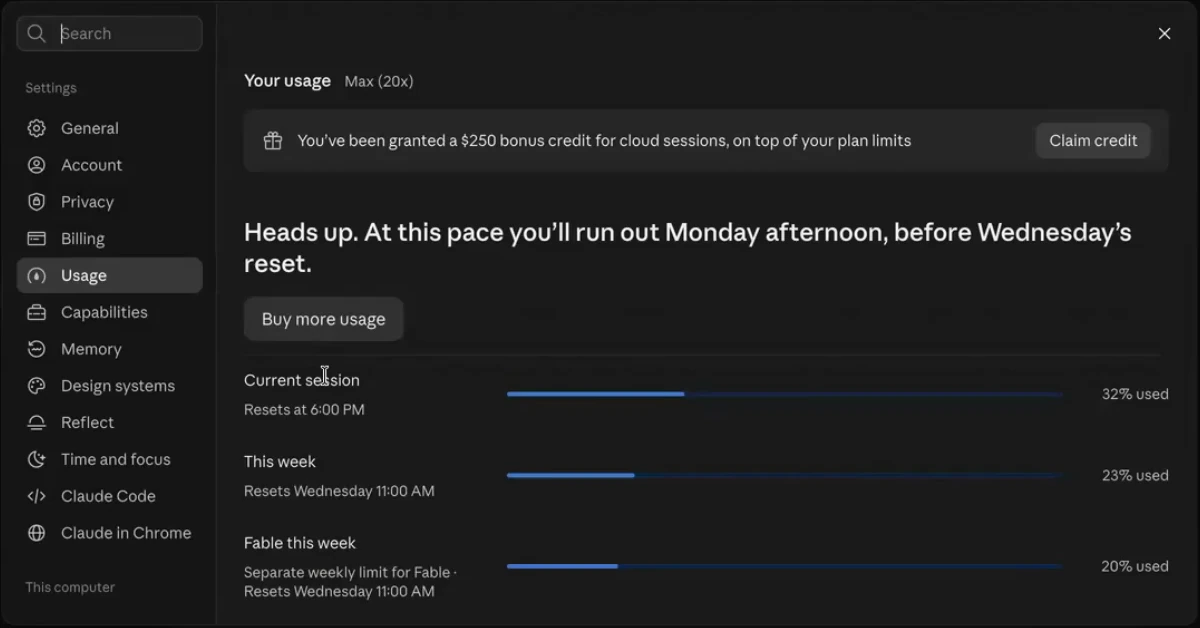 Claude Code Your usage panel on Max 20x showing current session 32% used, this week 23% used, and Fable this week 20% used