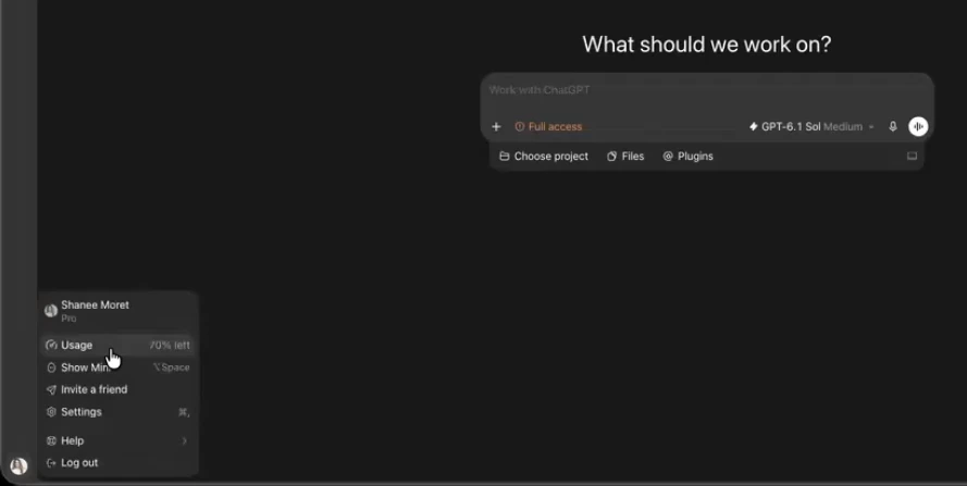 Codex desktop app with the profile menu open at the lower left and Usage showing 70% left