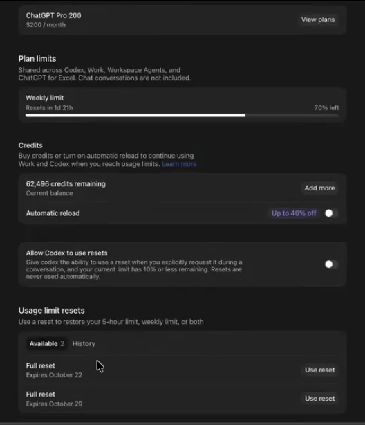 Codex usage limit resets showing two available full resets with expiry dates, and the Allow Codex to use resets toggle