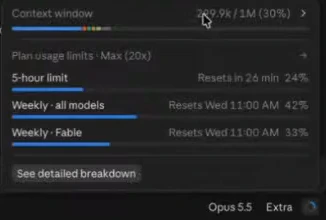Context window panel reading about 299.9K of 1M (30%), with plan usage limits below