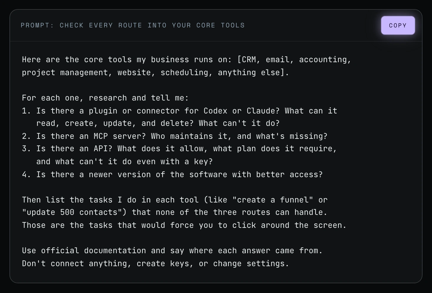 The "check every route into your core tools" prompt on screen with a Copy button