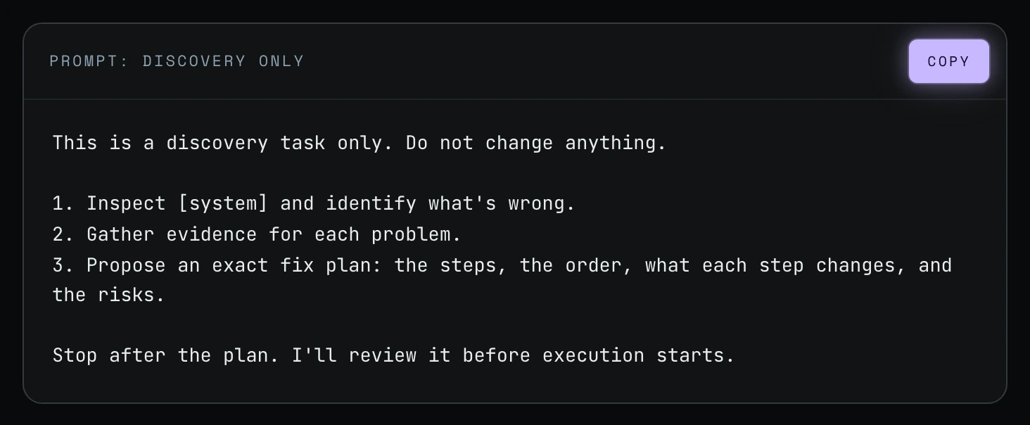 The "Prompt: discovery only" block from Shanee's field guide, starting with "This is a discovery task only. Do not change anything."