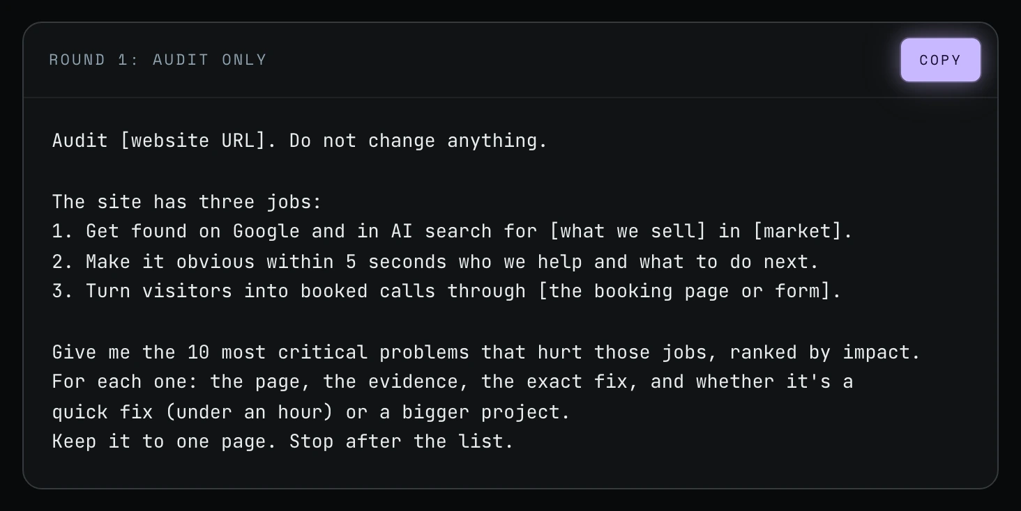 The "Round 1: audit only" prompt for a website, listing the site's three jobs and asking for the 10 most critical problems