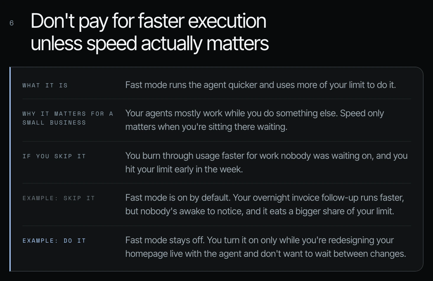 Tip 6 card: Don't pay for faster execution unless speed actually matters, with what it is, why it matters, skip-it and do-it examples