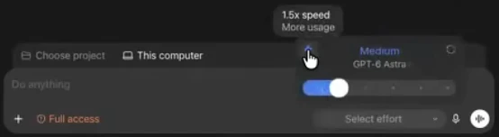 Codex composer with the lightning bolt tooltip reading 1.5x speed, More usage