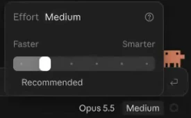 Claude Code effort slider set to Medium, labeled Recommended, between Faster and Smarter