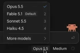 Claude Code model menu with Opus 5.5 checked, Fable 5.1 marked Default, Sonnet 5.5 and Haiku 4.5 listed