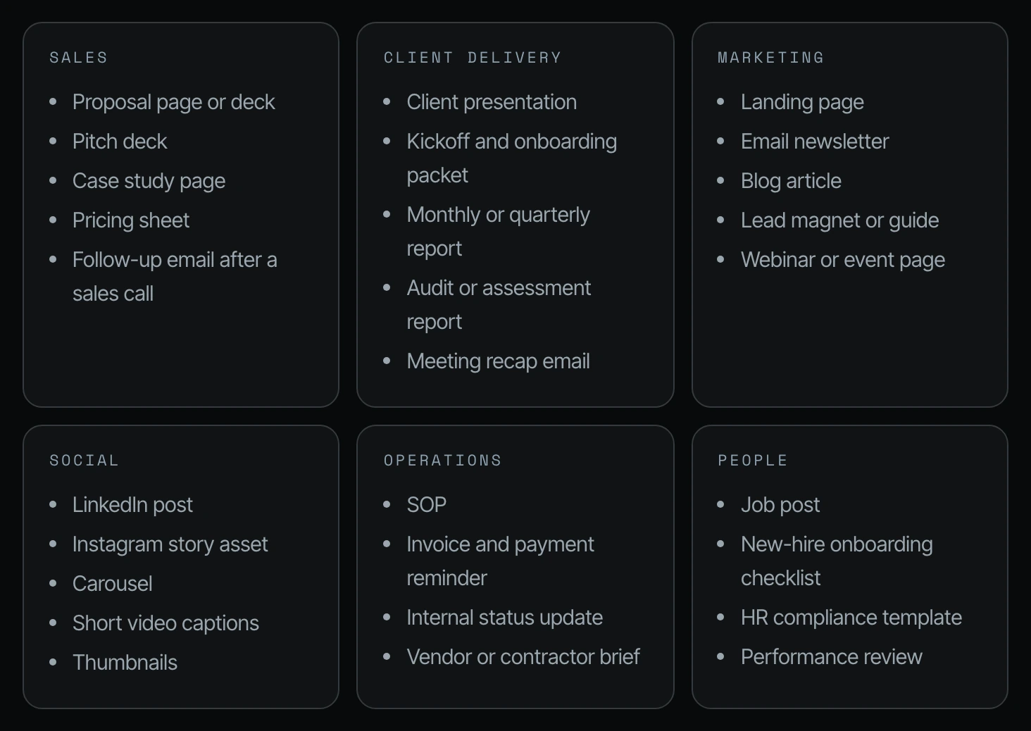 Grid of standards every business should have, grouped by Sales, Client delivery, Marketing, Social, Operations and People