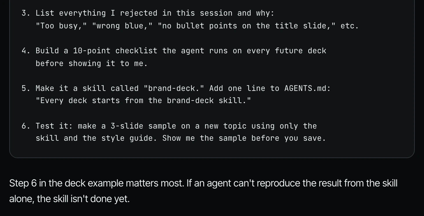 Deck prompt steps 3 to 6, ending with "Test it: make a 3-slide sample"