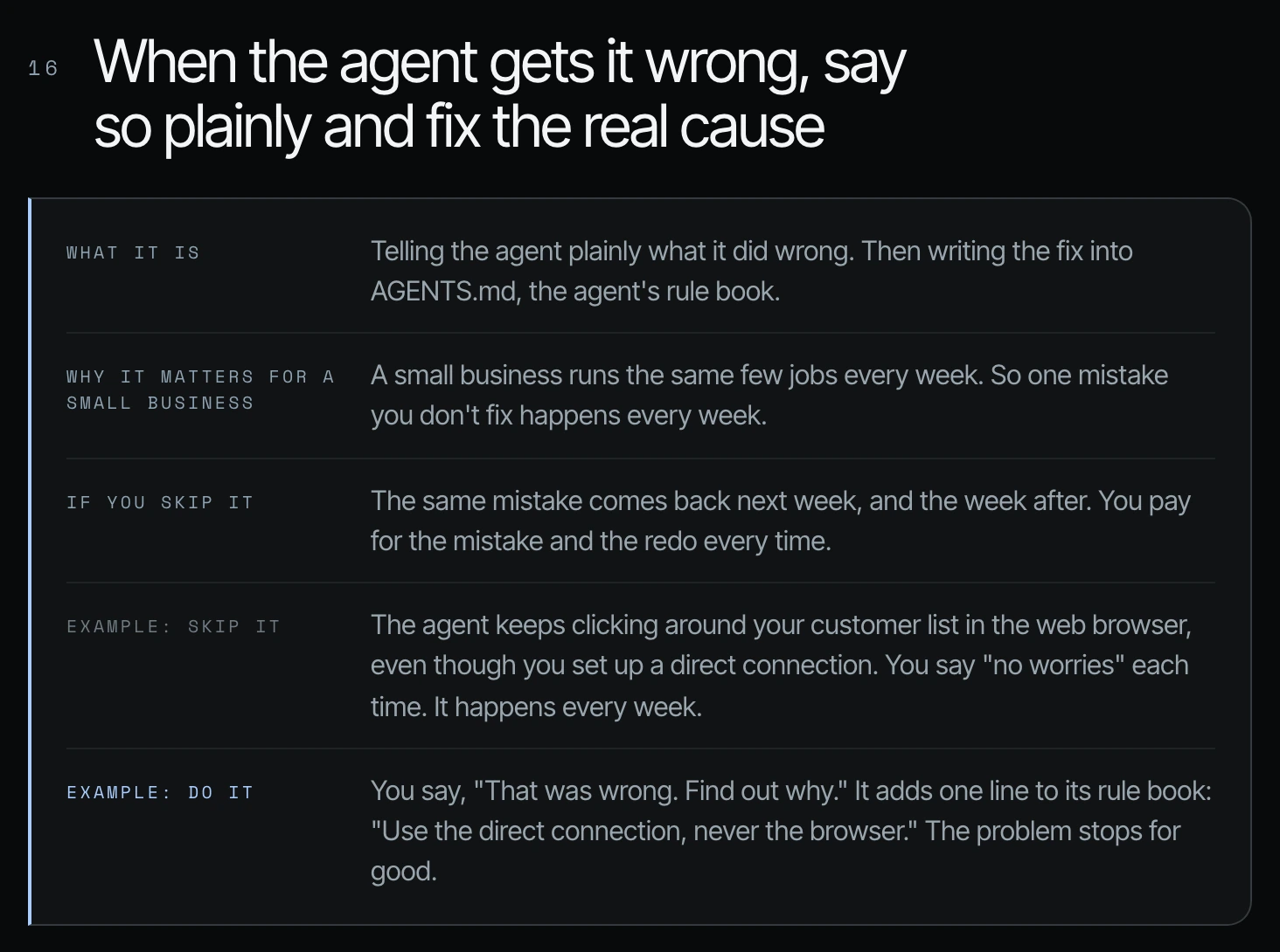 The "When the agent gets it wrong, say so plainly and fix the real cause" card with what it is, why it matters and examples