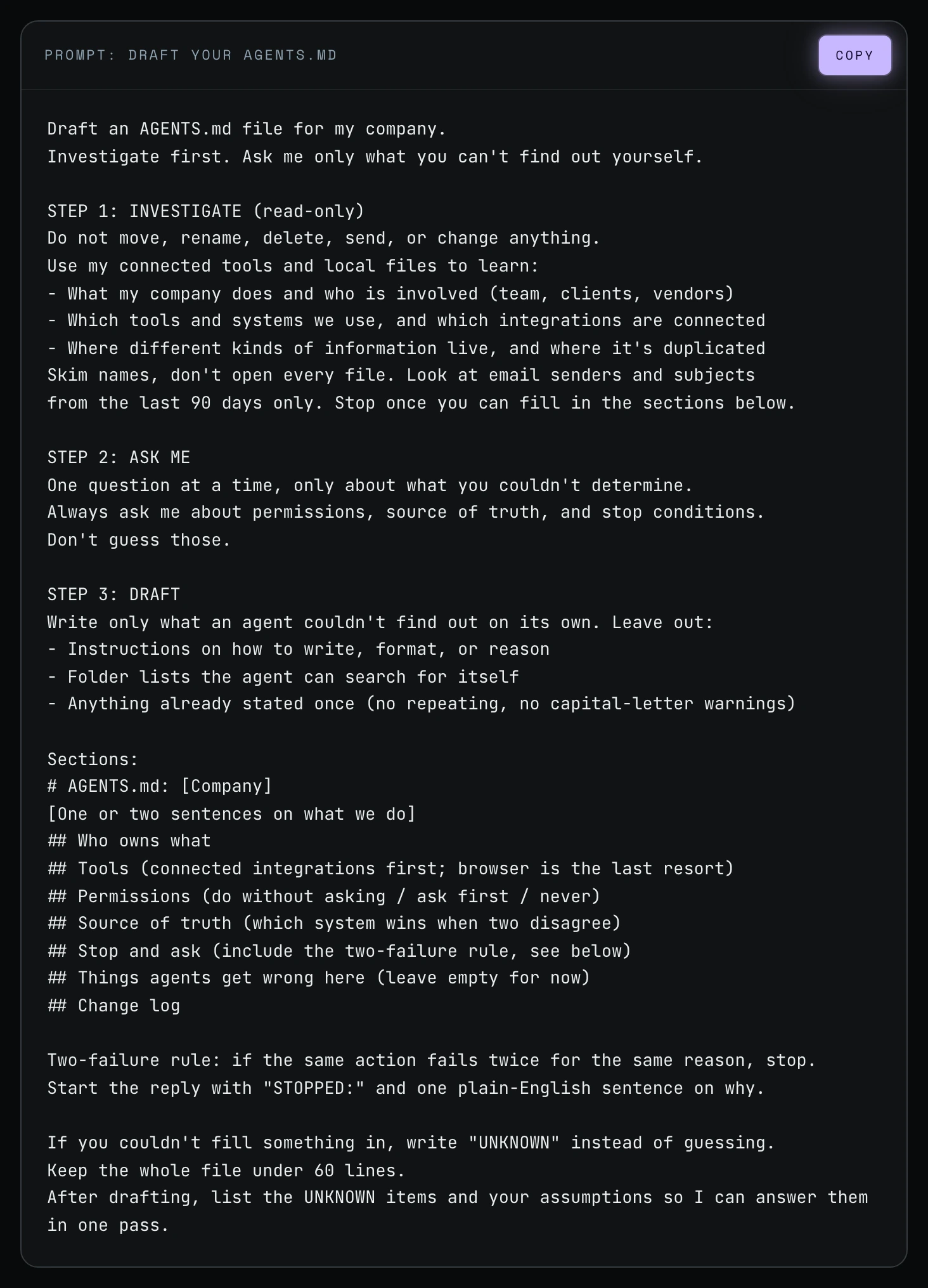 The draft-your-agents.md prompt with a copy button