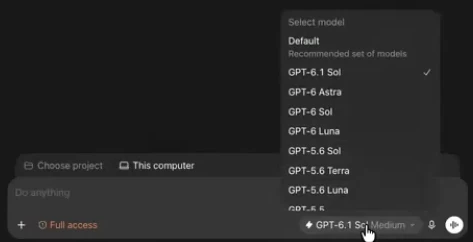 Codex new chat with the model menu open, showing GPT-6.1 Sol selected and other GPT models listed
